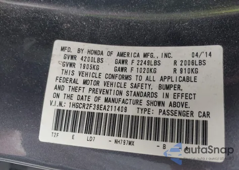 2014 Honda Accord Lx из США, поврежденный, VIN 1HGCR2F39EA211409